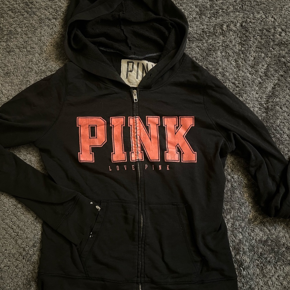 PINK Victoria's Secret Black and Pink Hoodie Sweatshirt